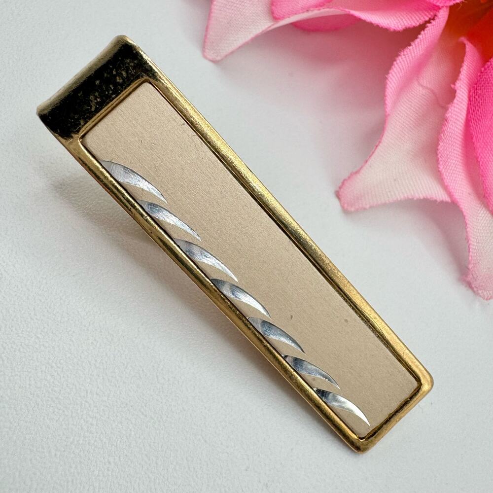 Vintage Satin Etched Tie Clip Bar Matte Champagne Silver Tone Waves Gold Tone